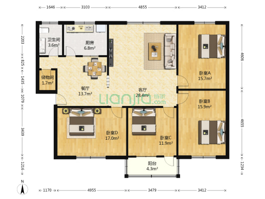 商业街1号院 4室2厅1卫 139平方