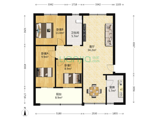 三中家属院 3室1厅1卫 107平方