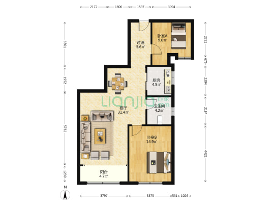 新富城 2室1厅1卫 99平方