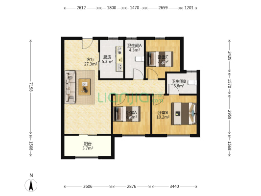 厚德华庭 3室1厅2卫 102平方