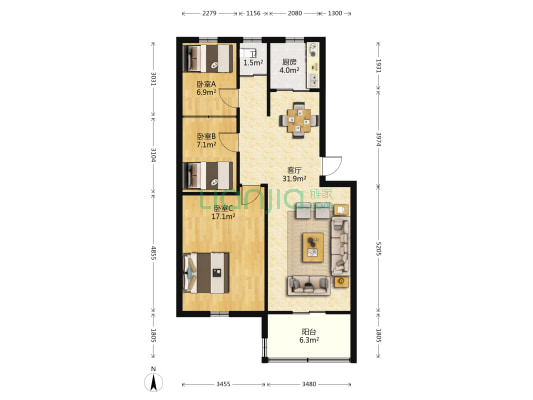 粮食局宿舍 3室1厅1卫 80平方