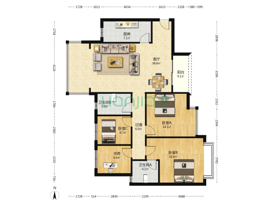 恒大新城一期 4室1厅2卫 136平方