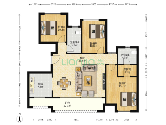 绿地万萃城A组团 3室1厅2卫 122平方