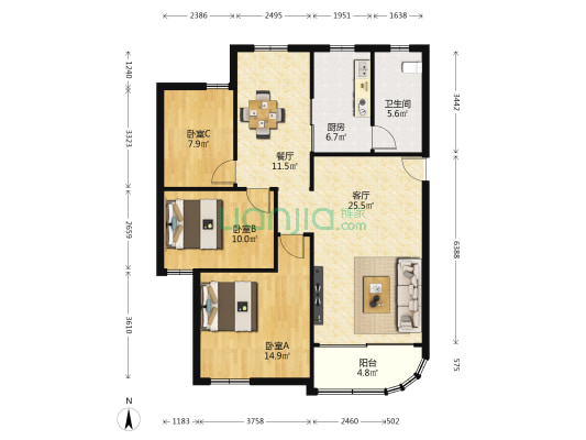 富华中路 3室2厅1卫 107平方