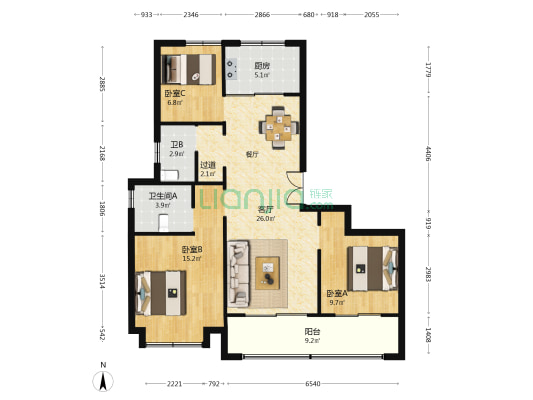 滨河湾C区 3室1厅2卫 117平方