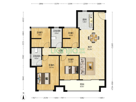 旭辉雨金广场 4室1厅2卫 123平方
