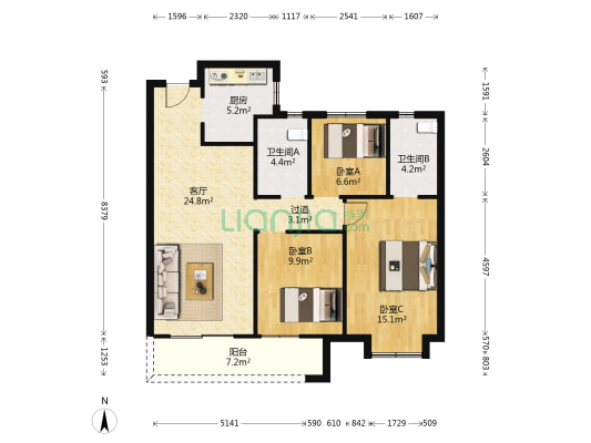 方园 3室1厅2卫 109平方