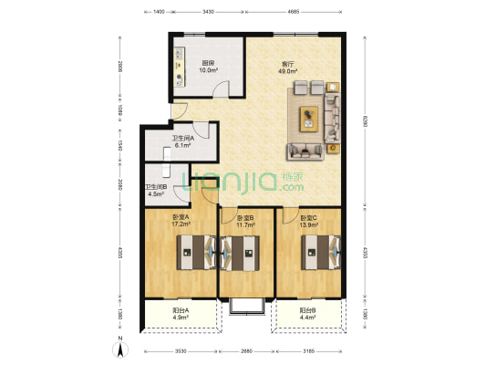 鹏程花苑 3室1厅2卫 145平方