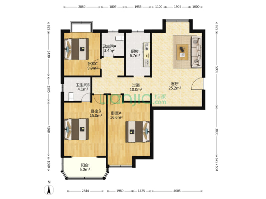 尤渡苑南区 3室1厅2卫 125平方