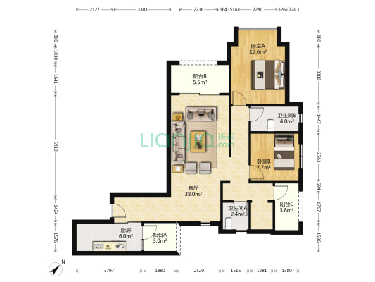 绿地城二期 2室1厅2卫 104平方