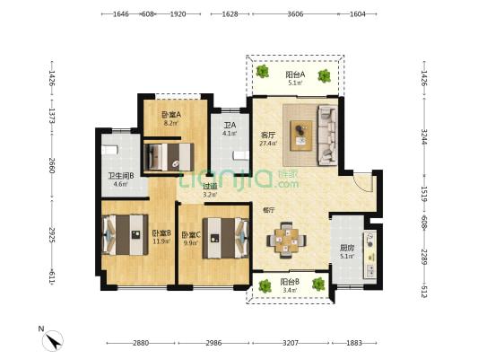 中荟城星品苑 3室1厅2卫 99平方