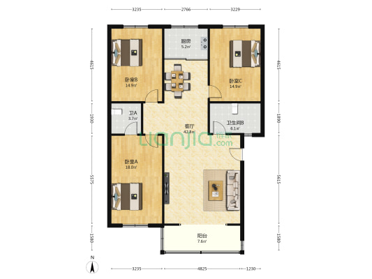 康馨怡园 3室1厅2卫 144平方