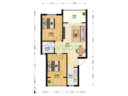 星海湾花园 2室1厅1卫 82平方