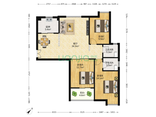 福星城北区 3室1厅2卫 128平方