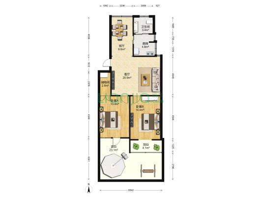 贤士湖住宅区 2室2厅1卫 90平方