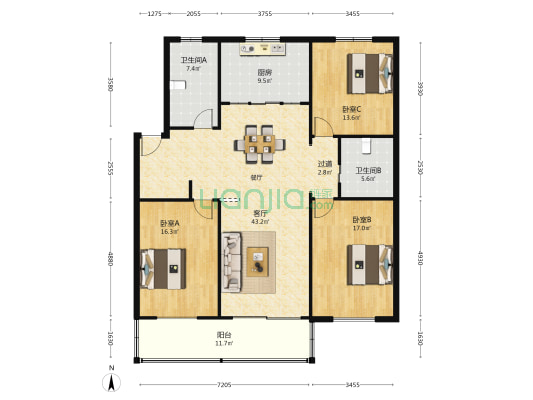 腾达花园南区 3室1厅2卫 142平方