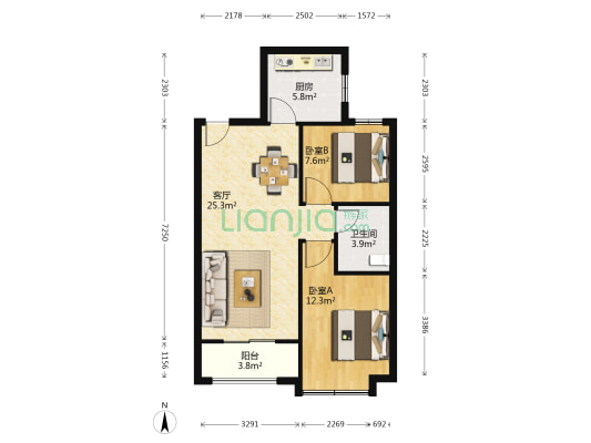天一仁和豪庭 2室1厅1卫 86平方