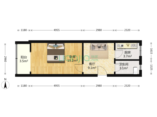 工人路66号院 1室1厅1卫 44平方