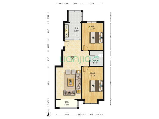 庆阳大厦 2室1厅1卫 100平方
