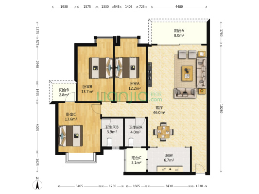 汇银城市花园 3室1厅2卫 139平方