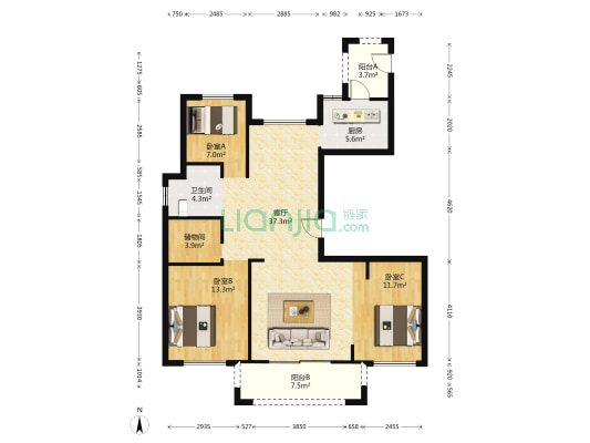 中梁罗阳御府 3室1厅1卫 122平方