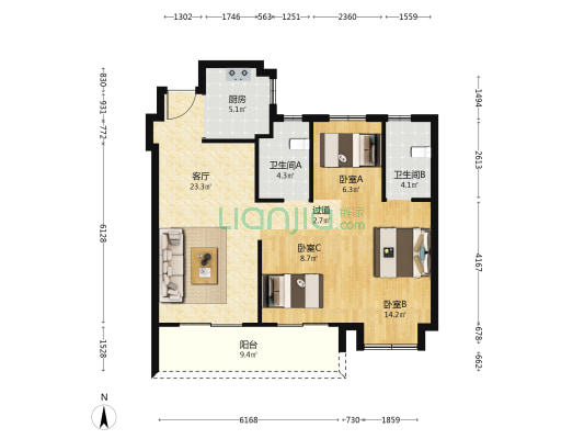 众安潮悦府 3室1厅2卫 100平方