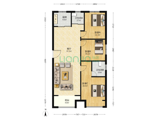 阳光城11号院 3室1厅2卫 132平方