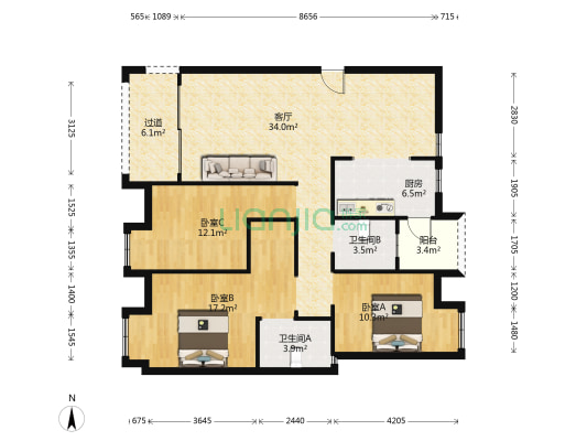 依云尚品B区 3室1厅2卫 114平方