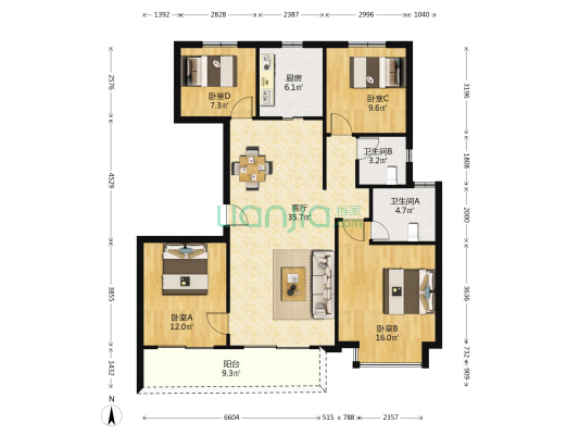 葛洲坝阳光城鼓印蘭园 4室1厅2卫 128平方
