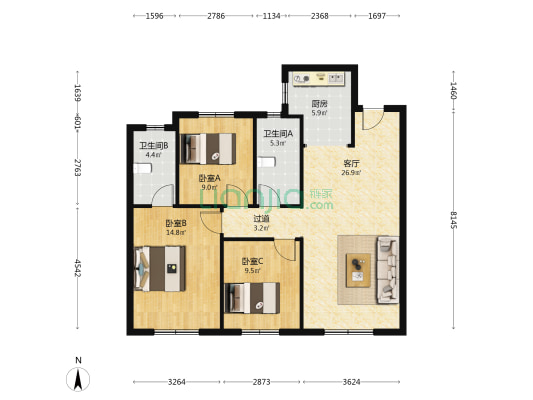 保利时光印象 3室1厅2卫 107平方