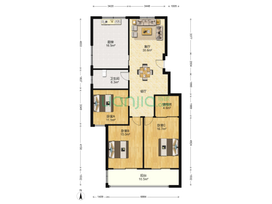 新东方花苑 3室1厅1卫 136平方