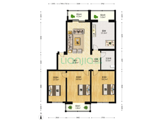 辽宁省军区 3室1厅1卫 165平方