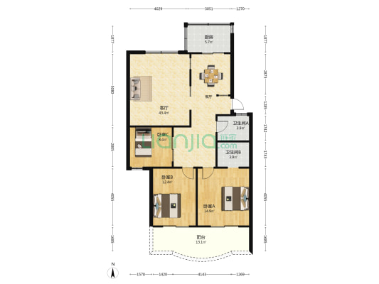 丹凤朝阳花园 3室1厅2卫 125平方