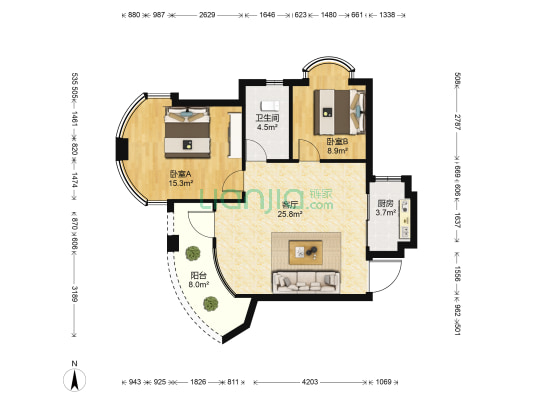 绿城玉兰公寓 2室1厅1卫 86平方