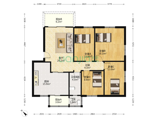 田心东路综合楼 4室1厅2卫 118平方