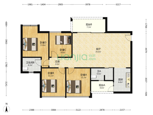 北城时代·熙景 4室1厅2卫 110平方