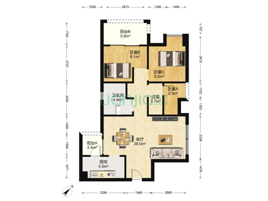 光华瑞廷 3室1厅1卫 86平方