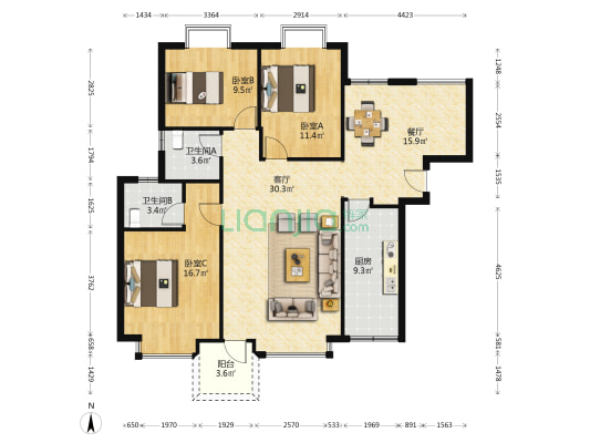 滨福庭园 3室2厅2卫 123平方