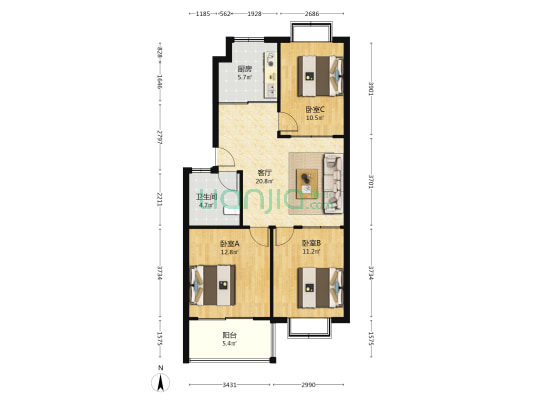 天佑小区 3室1厅1卫 90平方