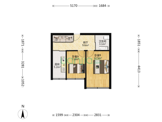 世纪雅苑 2室1厅1卫 56平方