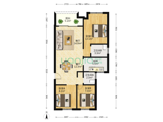 泷悦府 3室2厅2卫 85平方