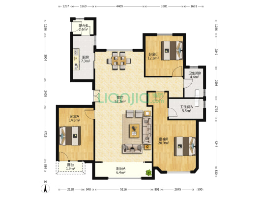 鲁商蓝岸丽舍曦园B6 3室1厅2卫 164平方