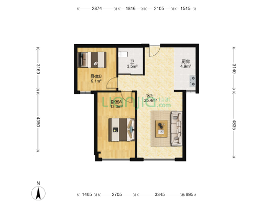 力旺康城一期 2室1厅1卫 74平方