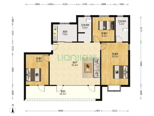 西发融信缦山兰庭一期 3室1厅2卫 142平方