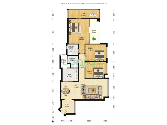 京基滨河时代广场南区 4室1厅2卫 115平方