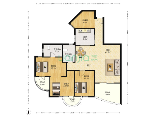 总统公寓 3室1厅2卫 149平方