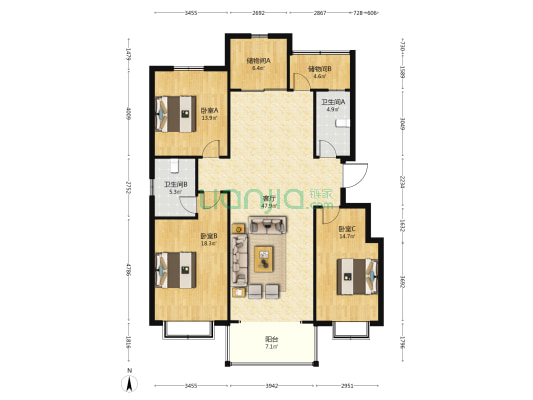 家和小区A区 3室1厅2卫 148平方