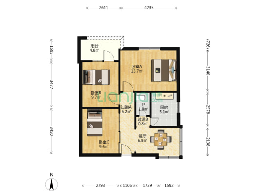 铜元局新村 3室1厅1卫 64平方