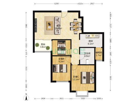 众和康园 3室1厅1卫 92平方