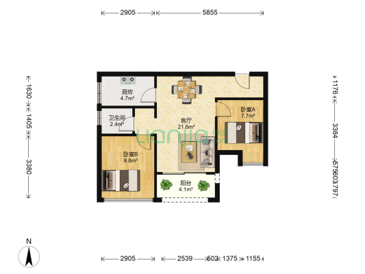 万科金域华庭三期 2室1厅1卫 66平方
